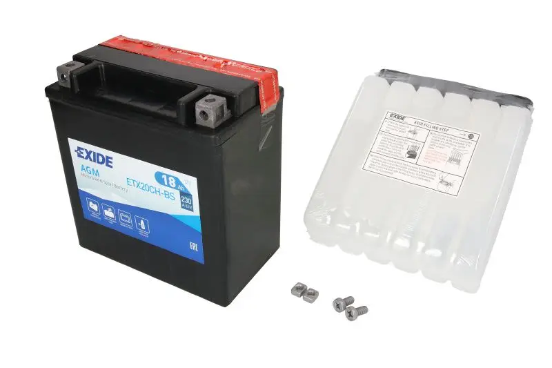 Akumulator AGM/Rozruchowy/Suchoładowany z elektrolitem (ograniczona sprzedaż konsumencka) EXIDE 12V 18Ah 230A L+ Bezobsługowy elektrolit w zestawie 150x87x161mm Suchoładowany z elektrolitem YTX20CH-BS – YTX20CH-BS EXIDE