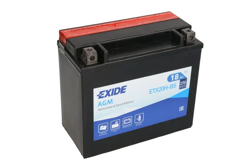 Akumulator AGM/Rozruchowy/Suchoładowany z elektrolitem (ograniczona sprzedaż konsumencka) EXIDE 12V 18Ah 270A L+ Bezobsługowy elektrolit w zestawie 175x87x155mm Suchoładowany z elektrolitem YTX20H-BS – YTX20H-BS EXIDE
