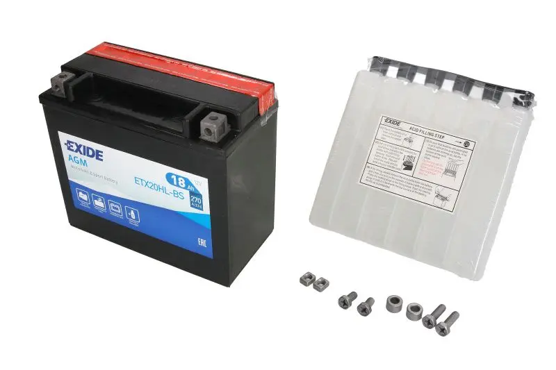 Akumulator AGM/Rozruchowy/Suchoładowany z elektrolitem (ograniczona sprzedaż konsumencka) EXIDE 12V 18Ah 270A P+ Bezobsługowy elektrolit w zestawie 175x87x155mm Suchoładowany z elektrolitem YTX20HL-BS – YTX20HL-BS EXIDE