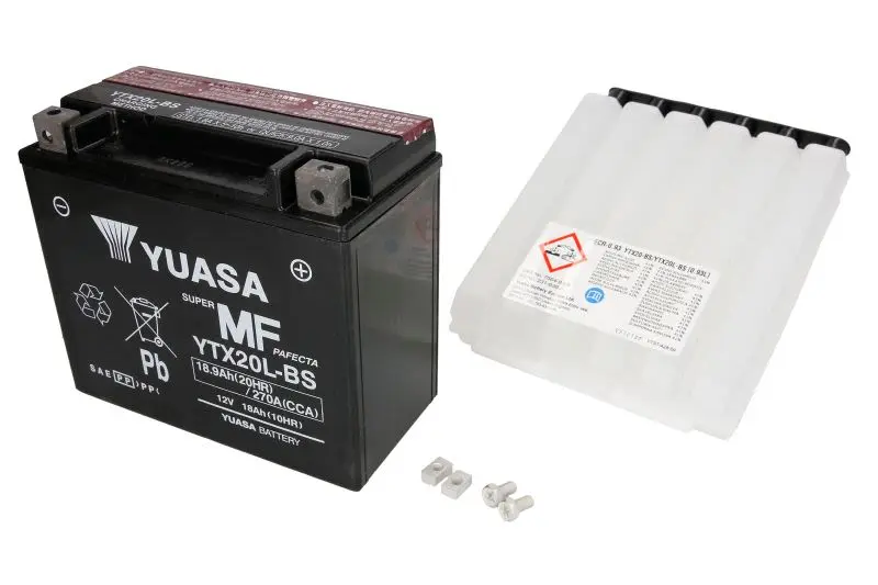 Akumulator AGM/Rozruchowy/Suchoładowany z elektrolitem (ograniczona sprzedaż konsumencka) YUASA 12V 19Ah 270A P+ Bezobsługowy elektrolit w zestawie 175x87x155mm Suchoładowany z elektrolitem YTX20L-BS – YTX20L-BS YUASA