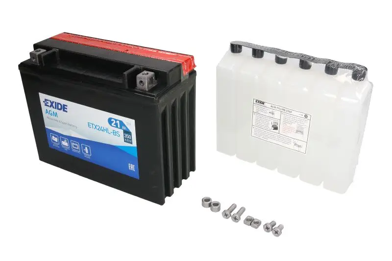 Akumulator AGM/Rozruchowy/Suchoładowany z elektrolitem (ograniczona sprzedaż konsumencka) EXIDE 12V 21Ah 350A P+ Bezobsługowy elektrolit w zestawie 205x87x162mm Suchoładowany z elektrolitem YTX24HL-BS – YTX24HL-BS EXIDE