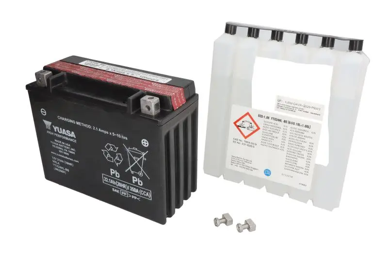 Akumulator AGM/Rozruchowy/Suchoładowany z elektrolitem (ograniczona sprzedaż konsumencka) YUASA 12V 22Ah 350A P+ Bezobsługowy elektrolit w zestawie 205x87x162mm Suchoładowany z elektrolitem YTX24HL-BS – YTX24HL-BS YUASA