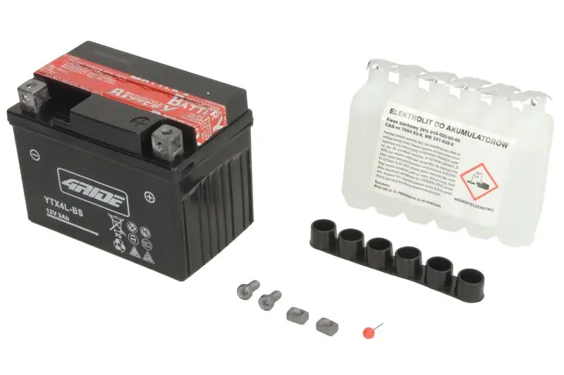 Akumulator AGM/Rozruchowy/Suchoładowany z elektrolitem (ograniczona sprzedaż konsumencka) 4 RIDE 12V 3,6Ah 35A P+ Bezobsługowy elektrolit w zestawie 114x71x86mm Suchoładowany z elektrolitem YTX4L-BS p – YTX4L-BS 4RIDE