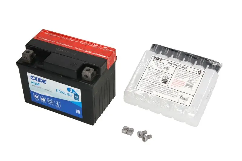 Akumulator AGM/Rozruchowy/Suchoładowany z elektrolitem (ograniczona sprzedaż konsumencka) EXIDE 12V 3Ah 50A P+ Bezobsługowy elektrolit w zestawie 113x70x85mm Suchoładowany z elektrolitem YTX4L-BS pasu – YTX4L-BS EXIDE