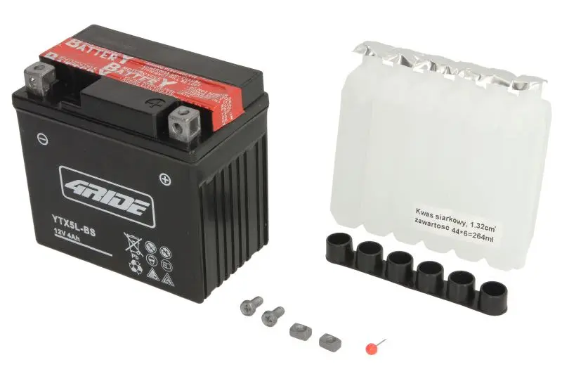 Akumulator AGM/Rozruchowy/Suchoładowany z elektrolitem (ograniczona sprzedaż konsumencka) 4 RIDE 12V 4,2Ah 70A P+ Bezobsługowy elektrolit w zestawie 114x71x106mm Suchoładowany z elektrolitem YTX5L-BS – YTX5L-BS 4RIDE