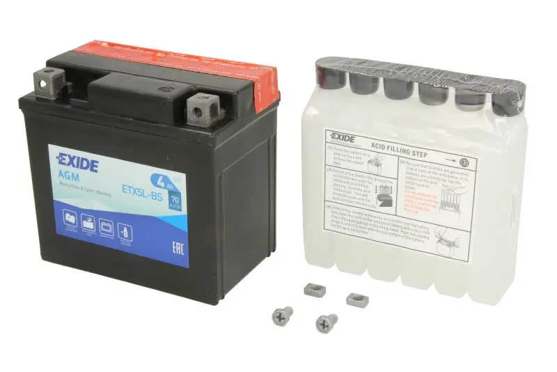 Akumulator AGM/Rozruchowy/Suchoładowany z elektrolitem (ograniczona sprzedaż konsumencka) EXIDE 12V 4Ah 70A P+ Bezobsługowy elektrolit w zestawie 113x70x105mm Suchoładowany z elektrolitem YTX5L-BS pas – YTX5L-BS EXIDE