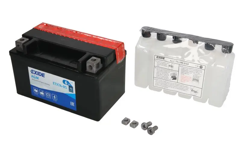 Akumulator AGM/Rozruchowy/Suchoładowany z elektrolitem (ograniczona sprzedaż konsumencka) EXIDE 12V 6Ah 90A L+ Bezobsługowy elektrolit w zestawie 150x87x93mm Suchoładowany z elektrolitem YTX7A-BS pasu – YTX7A-BS EXIDE