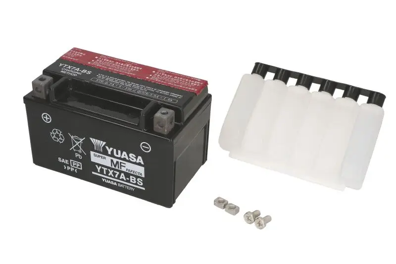Akumulator AGM/Rozruchowy/Suchoładowany z elektrolitem (ograniczona sprzedaż konsumencka) YUASA 12V 6Ah 105A L+ Bezobsługowy elektrolit w zestawie 150x87x93mm Suchoładowany z elektrolitem YTX7A-BS pas – YTX7A-BS YUASA