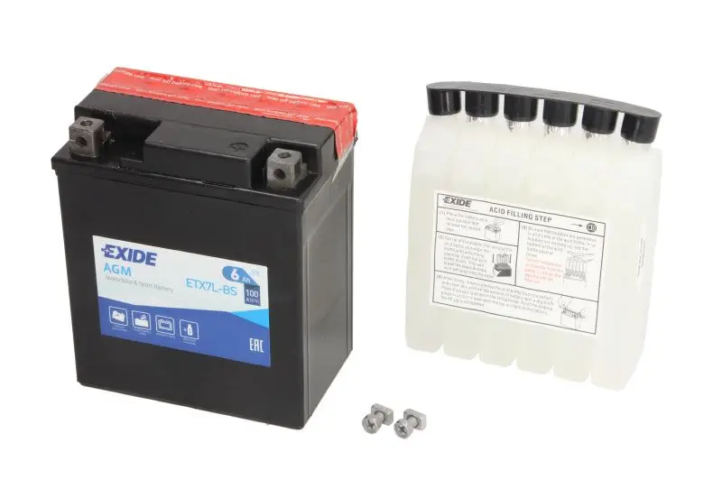 Akumulator AGM/Rozruchowy/Suchoładowany z elektrolitem (ograniczona sprzedaż konsumencka) EXIDE 12V 6Ah 100A P+ Bezobsługowy elektrolit w zestawie 113x70x130mm Suchoładowany z elektrolitem YTX7L-BS pa – YTX7L-BS EXIDE