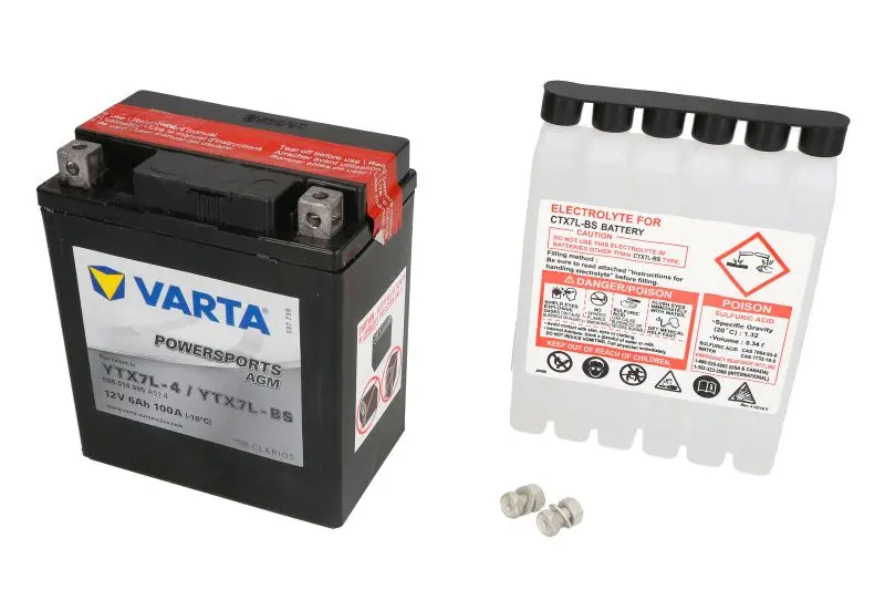 Akumulator AGM/Rozruchowy/Suchoładowany z elektrolitem (ograniczona sprzedaż konsumencka) VARTA 12V 6Ah 100A P+ Bezobsługowy elektrolit w zestawie 114x71x131mm Suchoładowany z elektrolitem YTX7L-BS pa – YTX7L-BS VARTA FUN