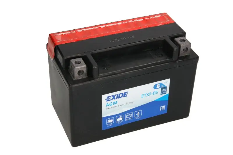 Akumulator AGM/Rozruchowy/Suchoładowany z elektrolitem (ograniczona sprzedaż konsumencka) EXIDE 12V 8Ah 120A L+ Bezobsługowy elektrolit w zestawie 150x87x105mm Suchoładowany z elektrolitem YTX9-BS pas – YTX9-BS EXIDE