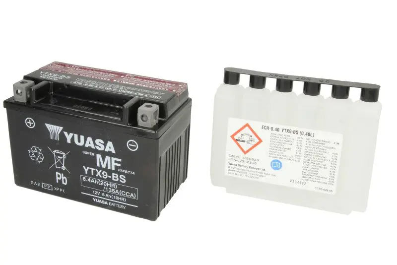 Akumulator AGM/Rozruchowy/Suchoładowany z elektrolitem (ograniczona sprzedaż konsumencka) YUASA 12V 8Ah 135A L+ Bezobsługowy elektrolit w zestawie 152x87x107mm Suchoładowany z elektrolitem YTX9-BS pas – YTX9-BS YUASA